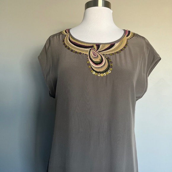 Trina Turk Silk Sheath Sleeveless Gray Leather Neck Embellishment Tunic Dress - Picture 2 of 14